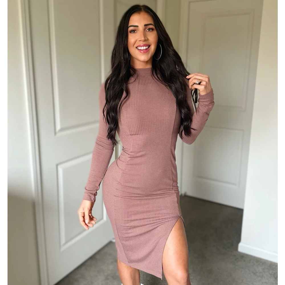 P’TULA Luxe Rib Mockneck Dress in Brown Rosé + FREE Bare Scrunchie